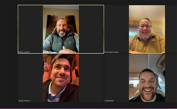 Clockwise from upper left, Jeremy Dittmer, Tom Soper, Mark Fleet and Trent Dunlap stay in touch in numerous ways, such as a quick Zoom chat.